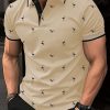 Men’s Casual Shirt – Beige with Contrast Trim & Flamingo Print, Breathable Short Sleeve Summer Shirt, Machine Washable Regular Fit for Daily Wear, Stylish Contrast Trim, Smooth Texture Fabric