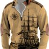 Vintage Polo Vintage Sailboat Print Long Sleeve Polo Shirt | Men’s Casual Knit 100% Polyester, Regular Fit with Lapel Collar and Zipper, Slight Stretch, 180gsm – Fall Collection