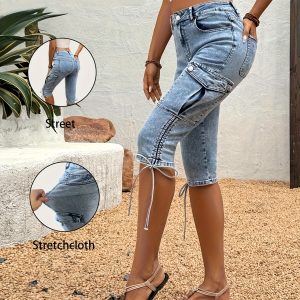 Drawstring Side Flap Pocket Side Cargo Jeans