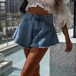 European And American Style Ins High Waist A-Line Raw Edge Denim Shorts Women'S Slim Casual Hot Pants Daily Commuting Vacation Dating Versatile Jeans Women'S Clothing
