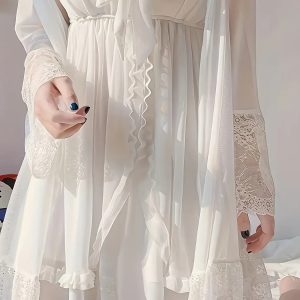 Sexy Nightgown for Women Summer Lace Mesh Lingerie Private Suspender Dress Internet Celebrity Bowknot Erotic Homewear