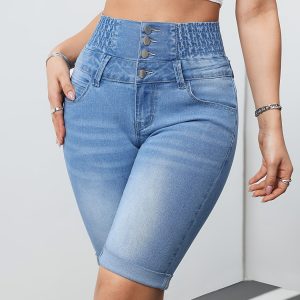 1 High-Waisted Flared Hem Bermuda Denim Shorts With Butt Lift And Stitched Design