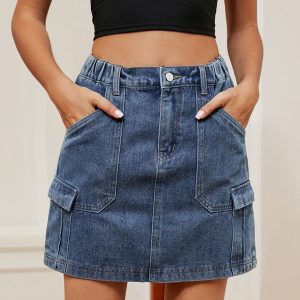 Women'S Denim Cargo Skirts Fashion High Waist Flap Pocket Jean Mini Skirts A-line Skirts Streetwear