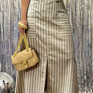 Women'S Chic Striped Maxi Skirt with Side Slit - Casual A-Line Flowy Skirt for Spring, Summer & Fall, Beige & Brown Vertical Stripes, Flowy Design, Casual Attire | Casual Striped Skirt | Flowy A-Line Design