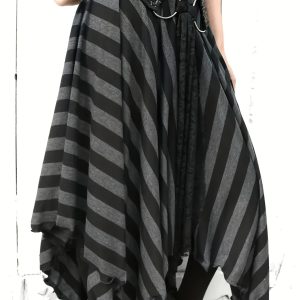 Women's Vertical Striped Skirt High-Waisted Vertical Striped Skirt | Women's Black & White Asymmetrical Hem with Elastic Waistband | Casual Chic Machine-Washable 3-Season Spring Summer Fall Outfit Essential, Versatile Fashion, Flowy Fabric