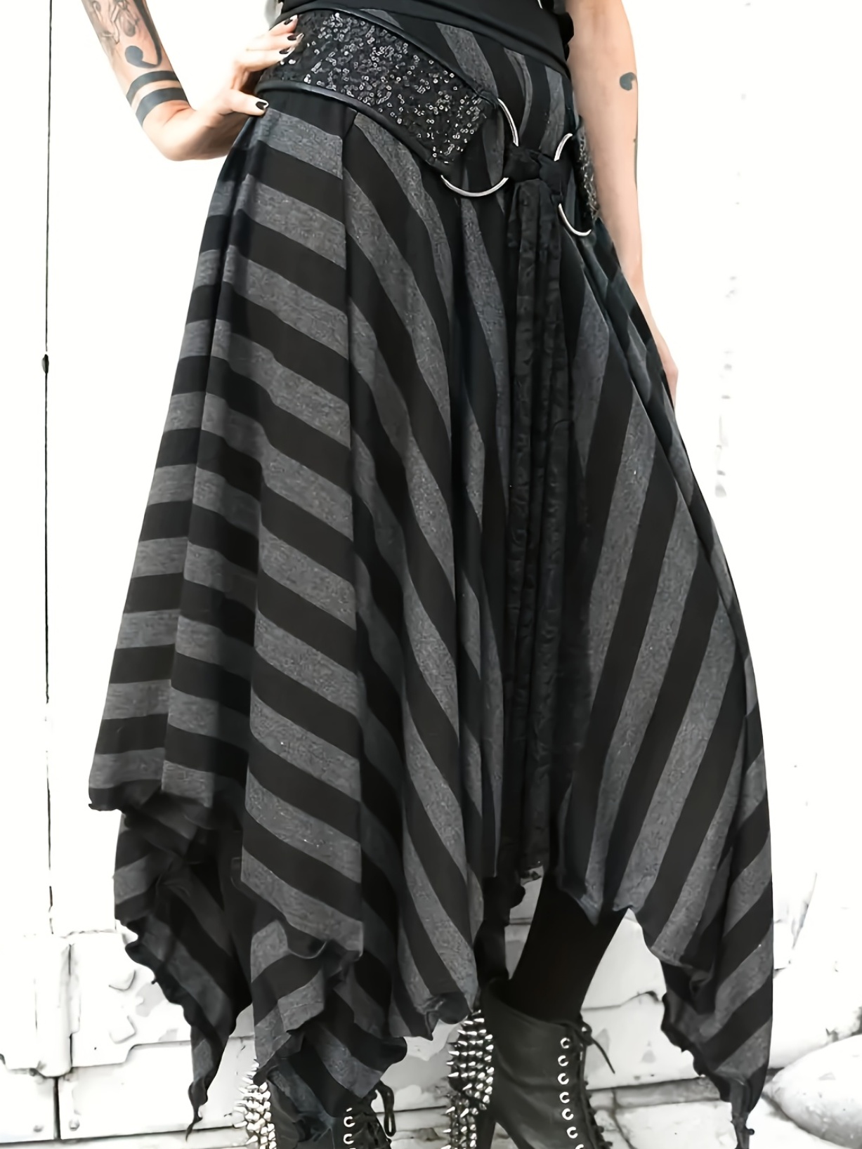 Women's Vertical Striped Skirt High-Waisted Vertical Striped Skirt | Women's Black & White Asymmetrical Hem with Elastic Waistband | Casual Chic Machine-Washable 3-Season Spring Summer Fall Outfit Essential, Versatile Fashion, Flowy Fabric
