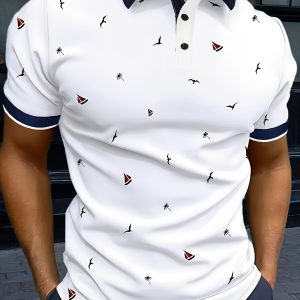 Men'S Casual Short Sleeved Shirt With Geometric Pattern, 100% Polyester Knitted Fabric, Tie And Necktie With Button Details, Slight Elasticity, Summer Style