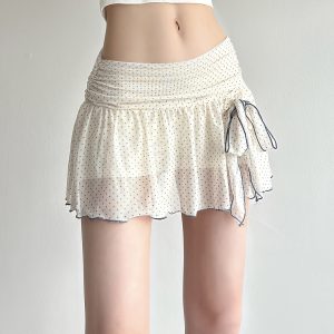 Women's Y2K Cute Polka Dot A-Line Skirt with Built-In Shorts & Ruffled Hem - Black & White Contrast Bow Detail, Machine Washable Non-Stretch Fabric for Casual to Semi-Formal Wear, Cute Skirts, Versatile Fashion, Tulle Mesh Fabric