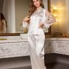 1 Set Elegant Butterfly Embroidered Contrast Mesh Long Pajama for Women, V-Neck Polyester 95% Elastane 5% Sleepwear for Springu002FSummeru002FFall