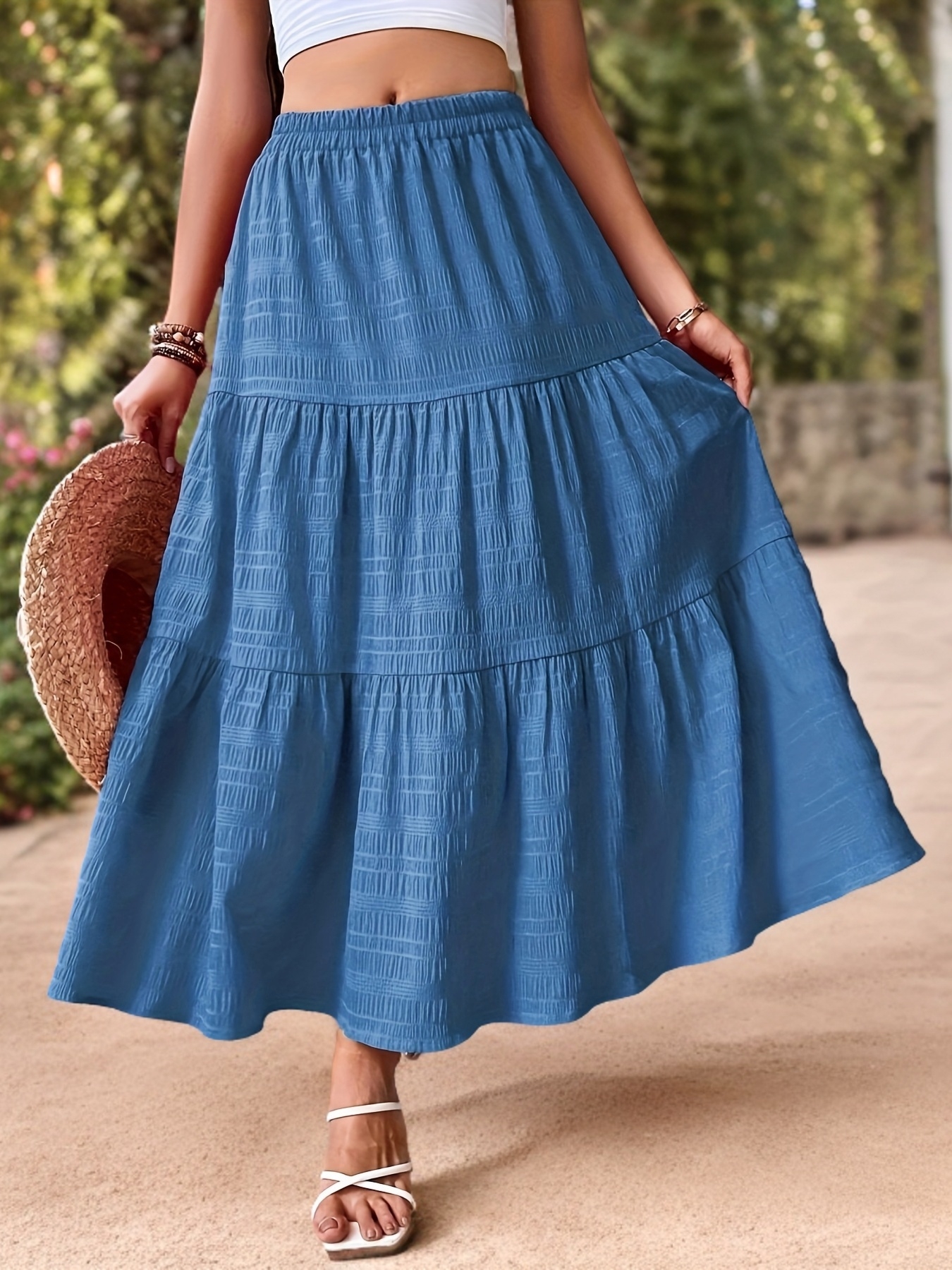 Elegant Solid Color Pleated Skirt, Polyester, Machine Washable - Springu002FSummeru002FFall