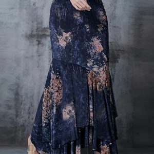 Elegant Mermaid Skirt High-Waist Mermaid Skirt | Elegant Floral Print, Dark Blue with Butterfly Pattern, Asymmetrical Hem, Flowy Design for Women, Stretch Fabric, Perfect for All Seasons