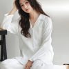 25 Autumn and Winter New Women’S Fashion Casual White Long Sleeve Shirt and Pants Pajama Set, Casual Wear Loungewear, Can Be Worn Outdoors, Made of Pure Double Gauze Fabric, Comfortable and Breathable