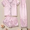 Velvet Women’s Pajama Set Soft Short Sleeve Button Pink and White Striped Sleepwear 3pcs Casual Outfit