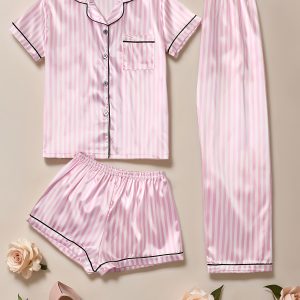 Velvet Women's Pajama Set Soft Short Sleeve Button Pink and White Striped Sleepwear 3pcs Casual Outfit