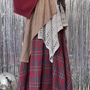 Vintage-Inspired Asymmetrical Plaid and Lace Skirt - High-Waisted, Long, Flared Design with Brown and White Check Pattern, Polyester Blend, All-Season Wear, Casual Style, Casual Skirt | Vintage Lace Detail | Polyester Blend Skirt, Skirt for Women