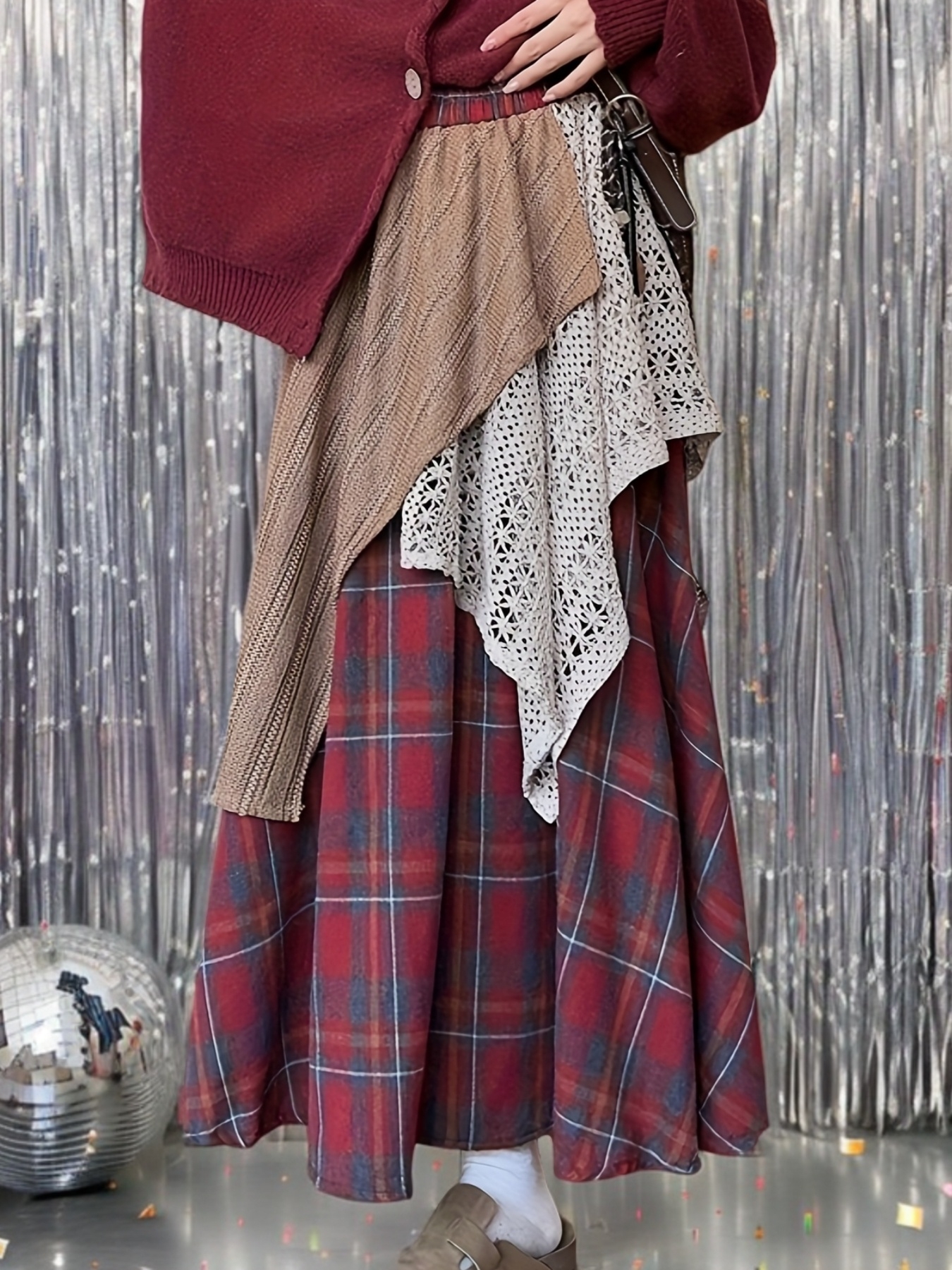 Vintage-Inspired Asymmetrical Plaid and Lace Skirt - High-Waisted, Long, Flared Design with Brown and White Check Pattern, Polyester Blend, All-Season Wear, Casual Style, Casual Skirt | Vintage Lace Detail | Polyester Blend Skirt, Skirt for Women