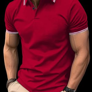 2pcs Men'S Fashion Short Sleeve Polo Shirts, Stylish Button-Up Tops with Contrast Binding, Comfortable Summer Casual Wear for Outdoor Vacations, Polyester Blend, Slim Fit, Solid Color, Perfect for Casual Attir