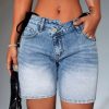Women’S Elegant Blue Stretch Denim Shorts with Irregular Waistband – Mid-Rise Bermuda Shorts, Button Fly Closure, Straight Leg Fit for Springu002FSummer Casual Wear, Summer Fashion, Button Closure Shorts, Medium Elasticity