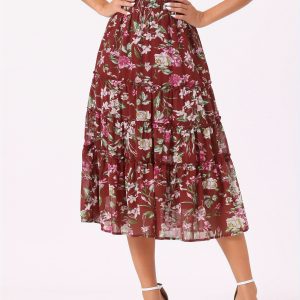 Women's Boho Floral Chiffon Midi Skirt - A-Line, Ruffle Hem, High Waist, Lightweight & Breathable Polyester, Perfect for Springu002FSummer Casual Wear, Cute Skirts