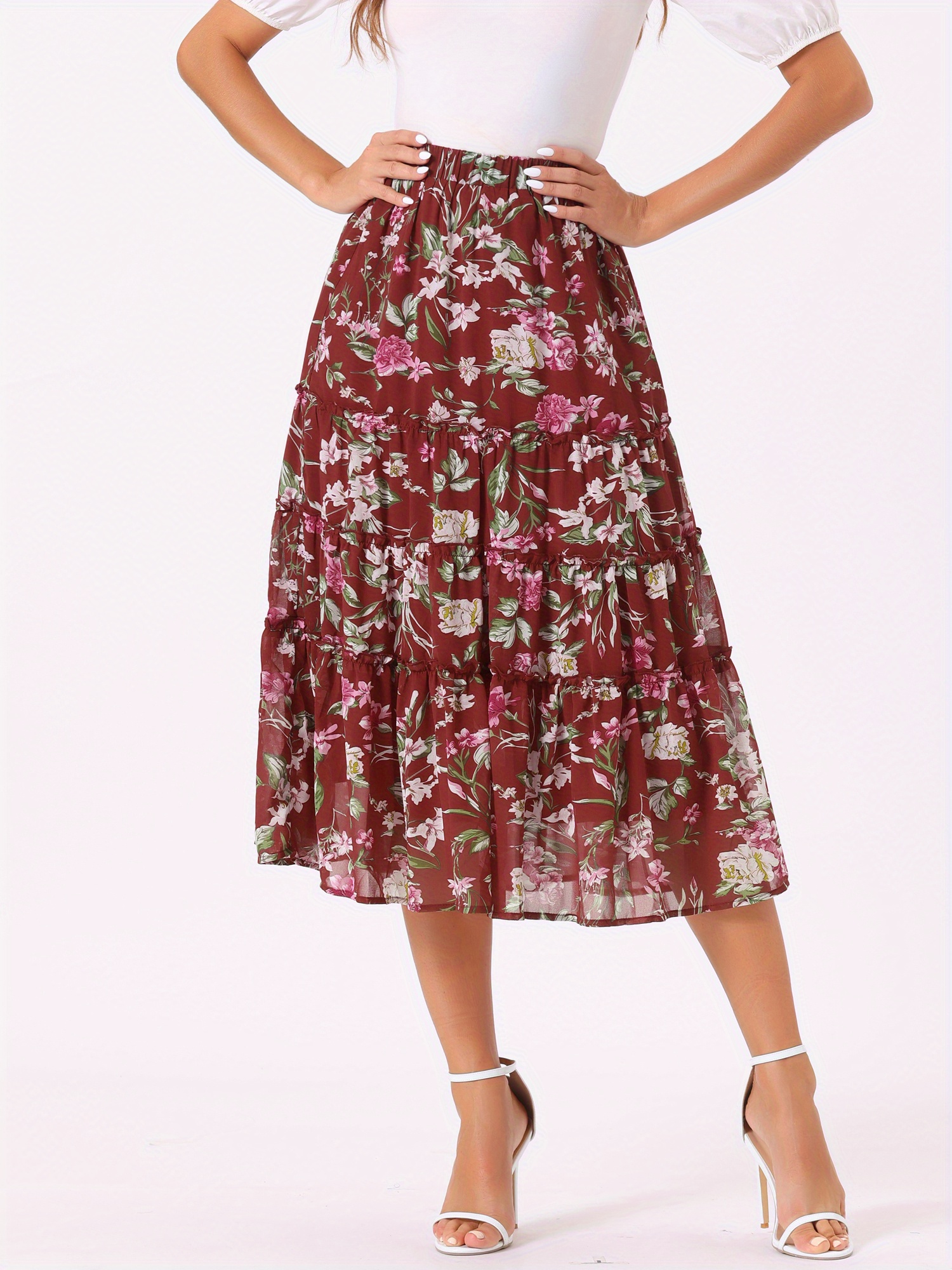 Women's Boho Floral Chiffon Midi Skirt - A-Line, Ruffle Hem, High Waist, Lightweight & Breathable Polyester, Perfect for Springu002FSummer Casual Wear, Cute Skirts