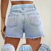 Women’S Casual Denim Shorts with Embroidered Bow Detail – Frayed Hem, Non-Stretch Fabric, Solid Color, Springu002FSummer Style, Black, Summer Denim Wear | Frayed Hem Shorts | Vibrant Embroider