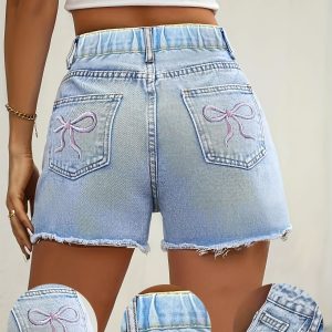 Women'S Casual Denim Shorts with Embroidered Bow Detail - Frayed Hem, Non-Stretch Fabric, Solid Color, Springu002FSummer Style, Black, Summer Denim Wear | Frayed Hem Shorts | Vibrant Embroider