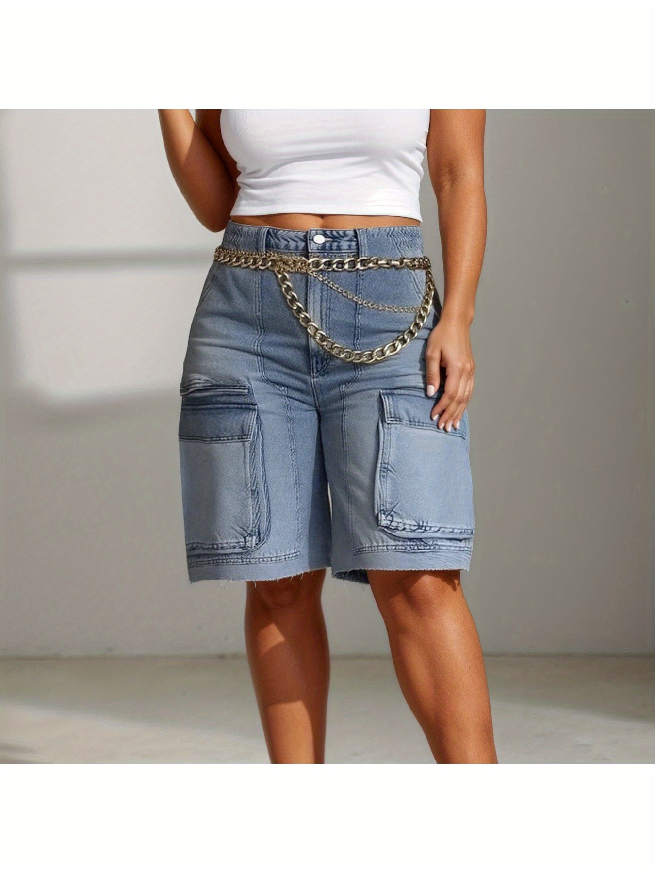 Women Denim Shorts High Waisted Straight Leg Casual Cargo Jean Shorts With Pockets