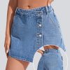 Solid Denim Jean Skort High Waisted Solid Denim Jean Skort – Women Casual Asymmetrical Button Up Mini Shorts