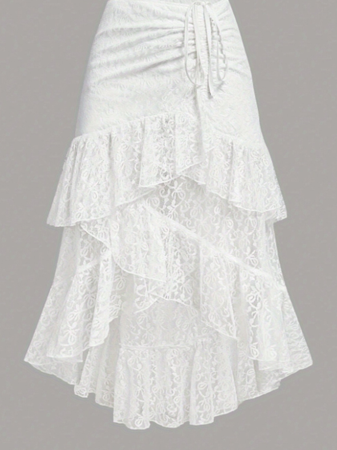 Elegant A-Line Skirt Stretch A-Line Skirt with Lace Overlay | Women's Adjustable Elastic Waist, Asymmetrical Hem, Ruched Detailing & Double Layered Hem - Breathable Springu002FSummer Casual to Formal Skirt