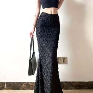 Women'S Black Textured Floral Mermaid Skirt - High-Waisted, Bodycon, Summer Fashion, Elegant and Design, Elegant Attire|Floral Pattern Skirt|Sleek Fit, Mermaid Skirt