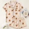 Women’s Cute Bear Double Short Puff Sleeve Romper Set