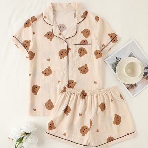 Women's Cute Bear Double Short Puff Sleeve Romper Set