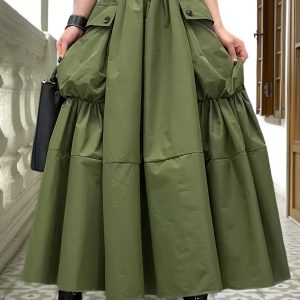Casual Midi Skirt Lightweight Polyester Women's A-Line Pleated Midi Skirt | Elastic Waistband & Large Pockets - Casual Korean Style, Green
