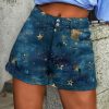 Women’s Elegant Stretch Denim Shorts with Double Button Closure – Mid-Stretch Comfort, Classic Vintage Stars Print Design & Distressed Details for Springu002FSummer Casual Wear, Cute Shorts, Summer Apparel, Comfortable Denim