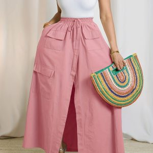 Women's Casual Solid Yellow Skirt with Pockets - Stylish High-Waisted A-Line Design, Perfect for Summer Vacations, Machine Washable, Polyester Blend