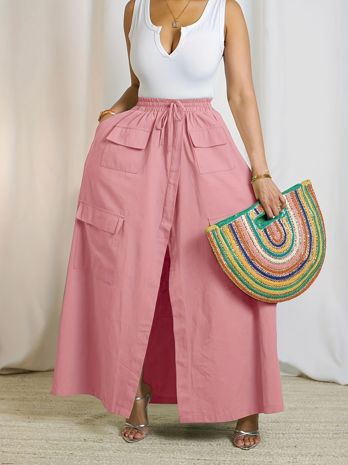 Women's Casual Solid Yellow Skirt with Pockets - Stylish High-Waisted A-Line Design, Perfect for Summer Vacations, Machine Washable, Polyester Blend