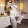 Women’s Springu002FSummeru002FAutumn Solid Color Pleated Lace Flower Net Lace Patchwork Elegant Long Sleeve Long Pants Short Robe Set