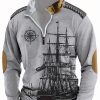 Men’s Vintage Sailboat Print Long Sleeve Shirt – 100% Knit Polyester, Regular Fit Lapel Collar with Front Zipper, 180gsm Slight Stretch, Machine Washable Fall Winter Casual Shirt, Stretchable Fabric