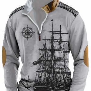 Men's Vintage Sailboat Print Long Sleeve Shirt - 100% Knit Polyester, Regular Fit Lapel Collar with Front Zipper, 180gsm Slight Stretch, Machine Washable Fall Winter Casual Shirt, Stretchable Fabric