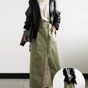 Women'S Two-Tone Fashion Skirt, Casual Style, 95% Polyester 5% Spandex, Solid Color, Woven, with Fake Buttons, All-Season Wear