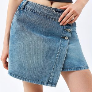 Womens High Waisted Jean Mini Skirt Summer Casual Denim Wrap Skirt With Button Asymmetrical Hem