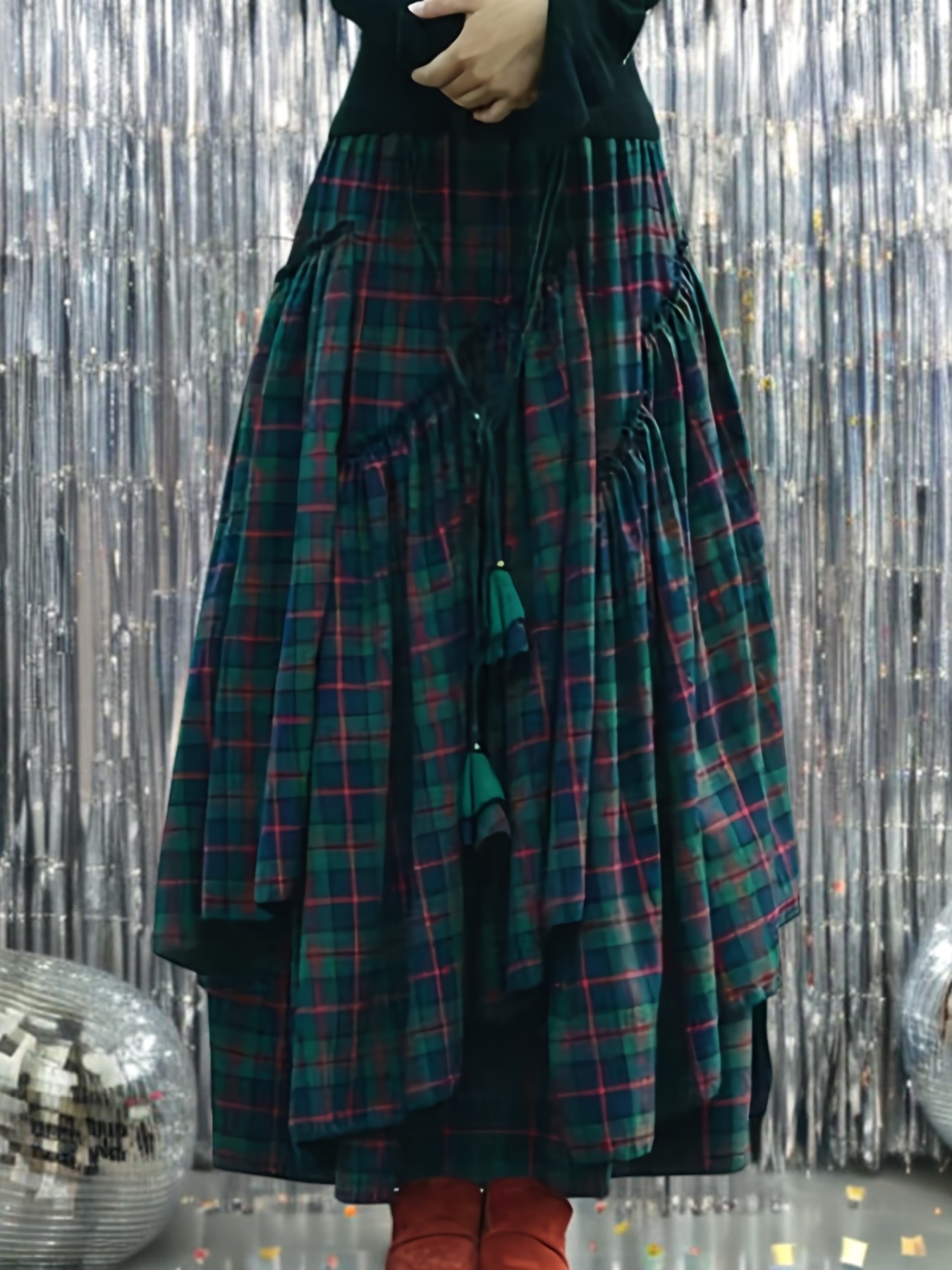 Victorian Gothic Handmade Tassel Plaid Skirt 2025 | Asymmetrical Pleated High-Waisted Beach Skirt | Elastic Waist Multi-Layer Vacation Dress | Sweet Style Women'S Gift for Spring and Summer