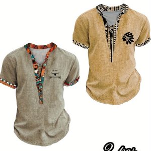 Men'S Short-Sleeved POLO Shirt, Geometric Pattern, Indian Style Print, Comfortable And Slightly Elastic Fabric, Suitable for Daily Wear, Sports, And Vacation Travel