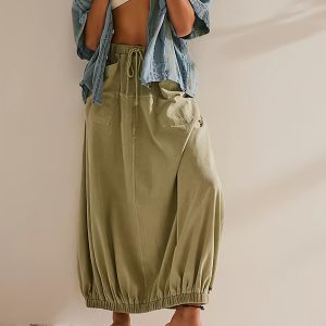 Loose Fit Maxi Skirt - Vintage Style Solid Color Polyester Skirt with Drawstring and Pockets - Perfect for Springu002FSummeru002FFall, Woven Fabric, 180gu002F??, 150gu002Fm for Women