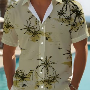 Men'S Casual Short Sleeve Button-Up Shirt with Palm Tree Print - White Collar, Lightweight & Breathable for Casual Attire, Beach Vacations, and Summer Outings, Vacation Clothing | Stylish Casualwear | Smooth Texture Fabric
