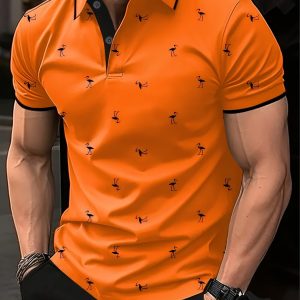 Men's Casual Shirt- Bright Orange with Black Edge Flamingo Print, Breathable Short Sleeve Summer Top, Machine Washable, Classic Collar Design for Daily Wear