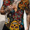 Men’s Hawaiian Shirt with Colorful Skull Print – Relaxed Fit Short Sleeve Button-Up Lapel Collar, Vibrant Tropical Design for Summer Resort Holidays & Casual Wear, Digital Heat Transfer