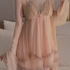 A Set of Women’s Charming Mesh Patchwork Pajamas, Long Sleeve Bathrobe with Belt and Lace, Hollow Out Vest, Shorts, Underwear- P3772