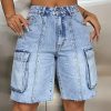 Women’S Light Blue High-Waisted Cargo Denim Shorts with Large Pockets – Casual Summer Style, Stretch Fabric, Regular Fit, Trendy and Versatile Look, Everyday Denim Shorts | Trendy Denim Shorts | Glossy Finish Shorts