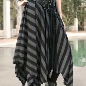 Comfortable Midi Skirt Comfortable Polyester Blend Women's High-Waist Striped Midi Skirt | Asymmetrical Hem Skirt | Layered Design Skirt - Black & White Vertical Stripes, Elastic Waistband, Perfect for Casual Attire, Versatile Midi Skirt